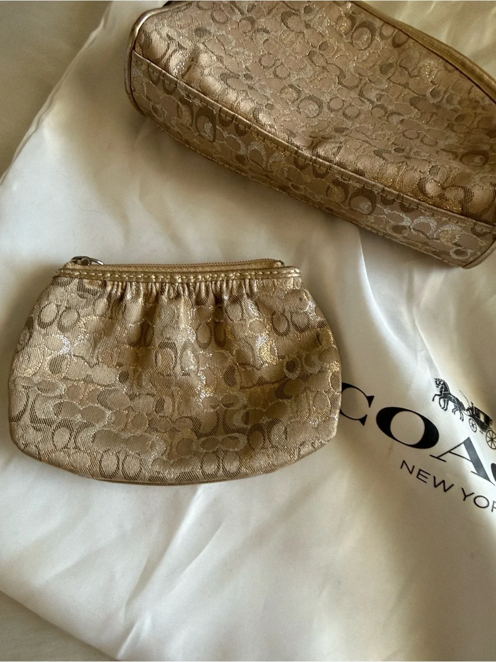 Coach Set Metallic Gold Leather Tote with Zip Wallet, Scarf & 2 cosmetic bags
